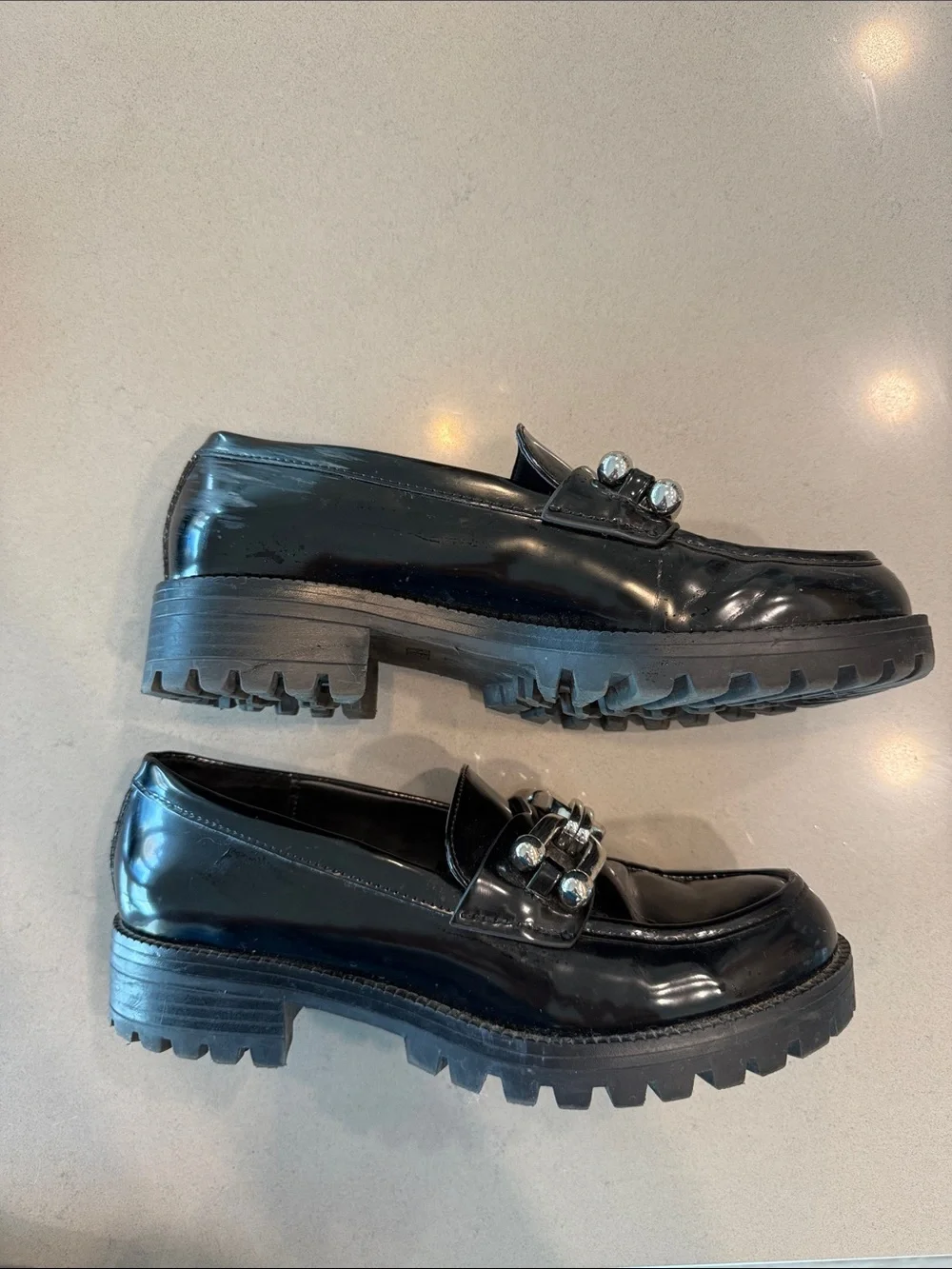 Zara Black Patent Loafers with Silver Chain Detail